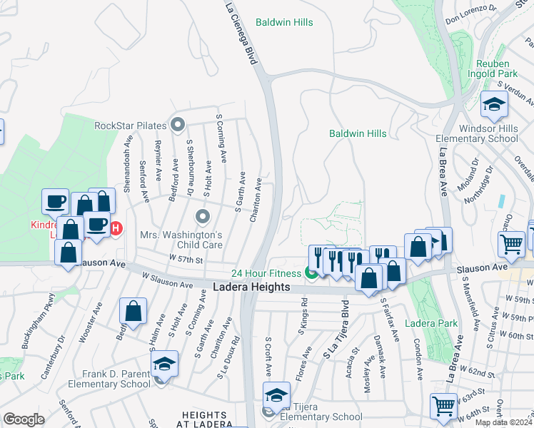 map of restaurants, bars, coffee shops, grocery stores, and more near 5455 South La Cienega Boulevard in Los Angeles