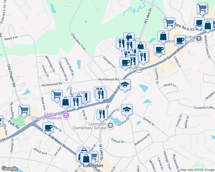 map of restaurants, bars, coffee shops, grocery stores, and more near 604 Northwood Road in Lexington
