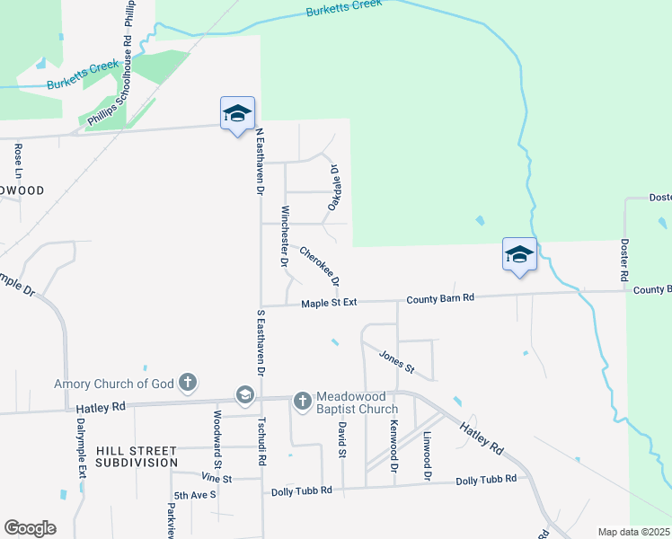 map of restaurants, bars, coffee shops, grocery stores, and more near 108 Cherokee Drive in Amory