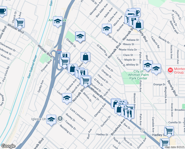 map of restaurants, bars, coffee shops, grocery stores, and more near 5906 Morrill Avenue in Whittier