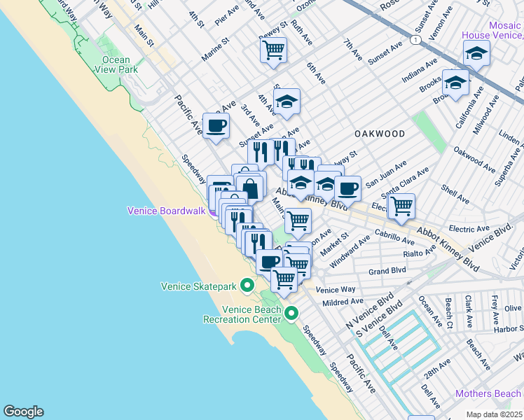 map of restaurants, bars, coffee shops, grocery stores, and more near 115 Breeze Avenue in Los Angeles