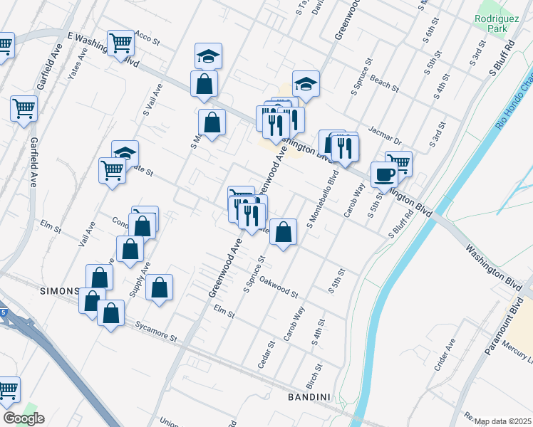 map of restaurants, bars, coffee shops, grocery stores, and more near 1140 1/2 South Greenwood Avenue in Montebello