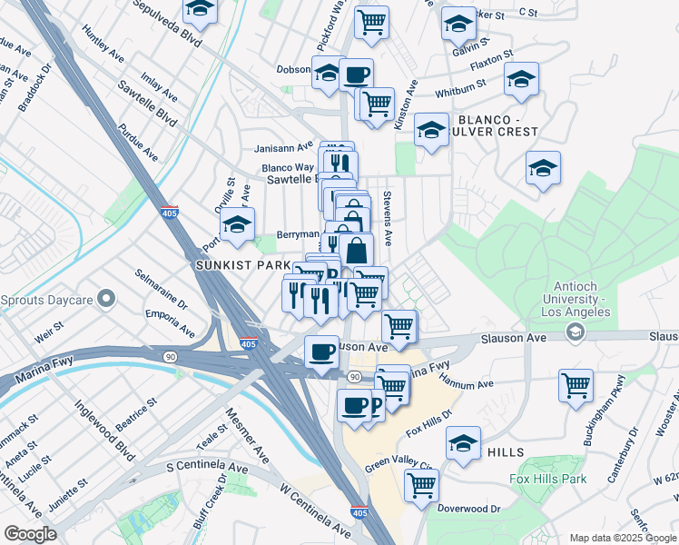 map of restaurants, bars, coffee shops, grocery stores, and more near 5568 Sepulveda Boulevard in Culver City