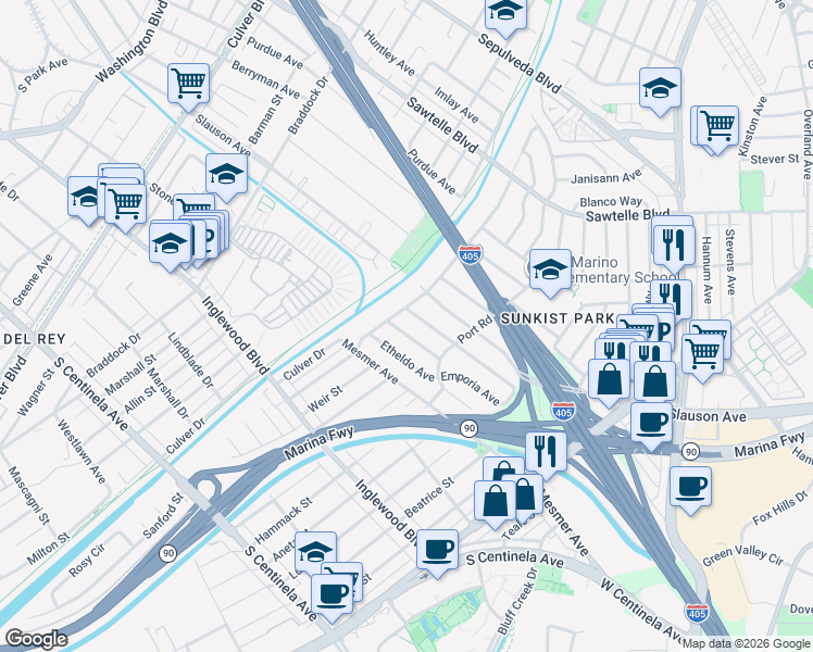 map of restaurants, bars, coffee shops, grocery stores, and more near 5168 Emporia Avenue in Culver City