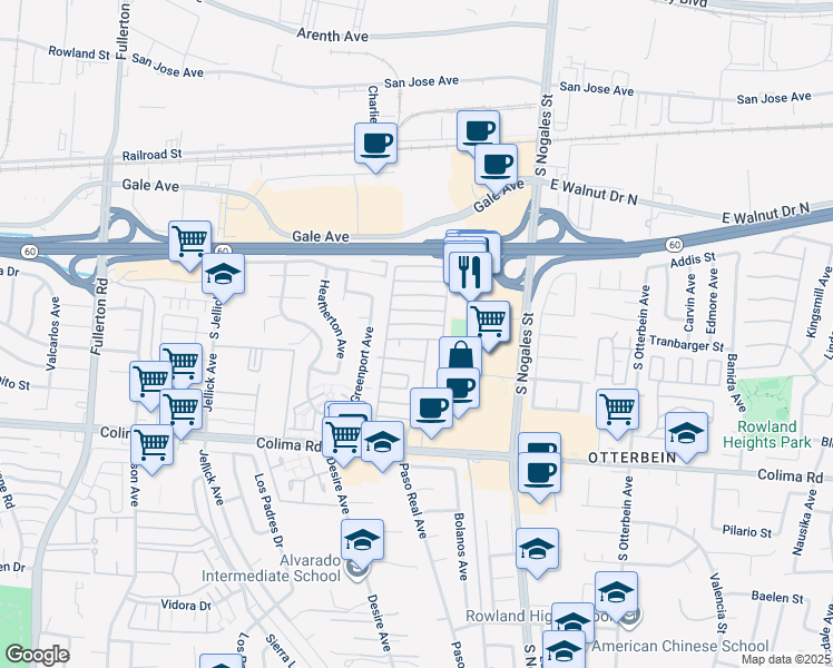 map of restaurants, bars, coffee shops, grocery stores, and more near 1441 Paso Real Avenue in Rowland Heights