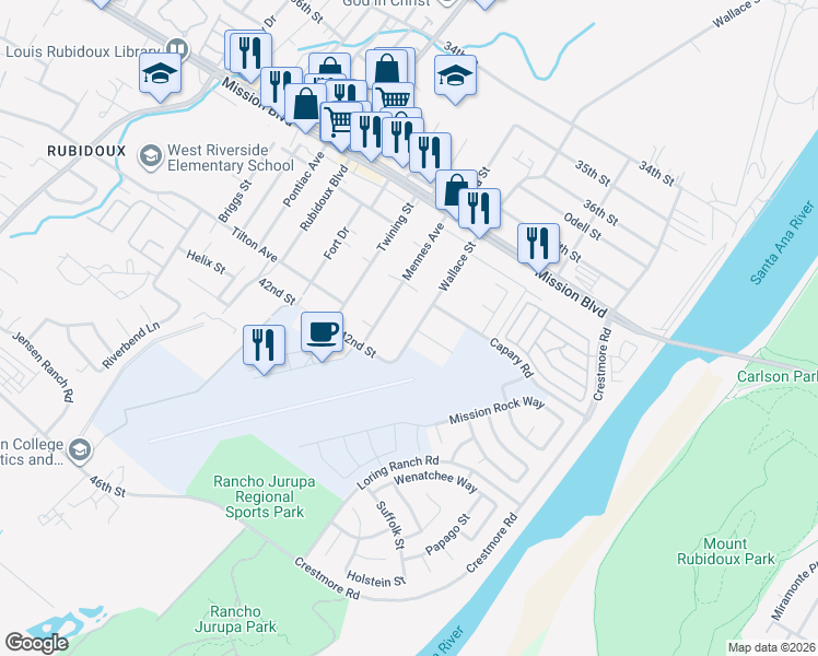map of restaurants, bars, coffee shops, grocery stores, and more near 4065 Wallace Street in Riverside