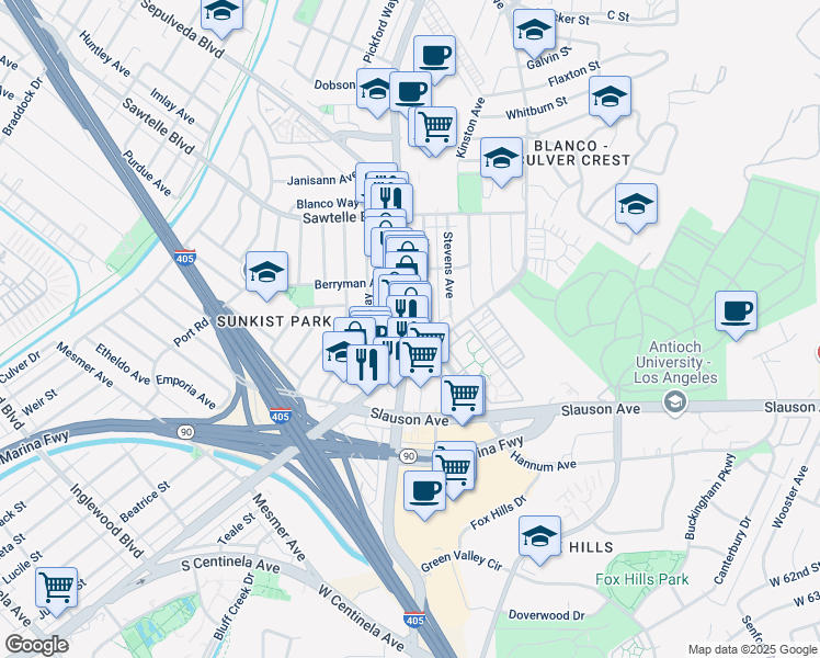 map of restaurants, bars, coffee shops, grocery stores, and more near 5568 Sepulveda Boulevard in Culver City