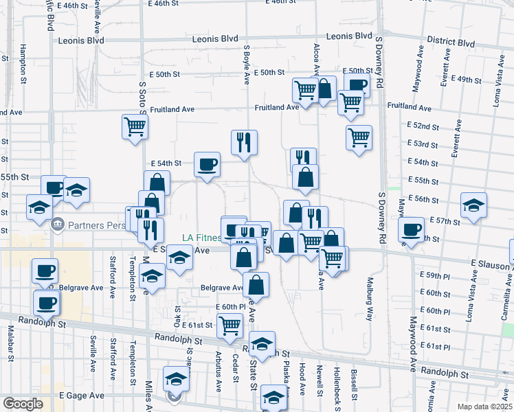 map of restaurants, bars, coffee shops, grocery stores, and more near 5608 South Boyle Avenue in Vernon