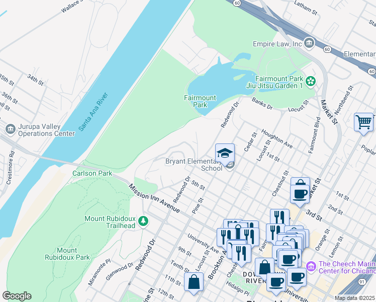 map of restaurants, bars, coffee shops, grocery stores, and more near 4570 Indian Hill Road in Riverside