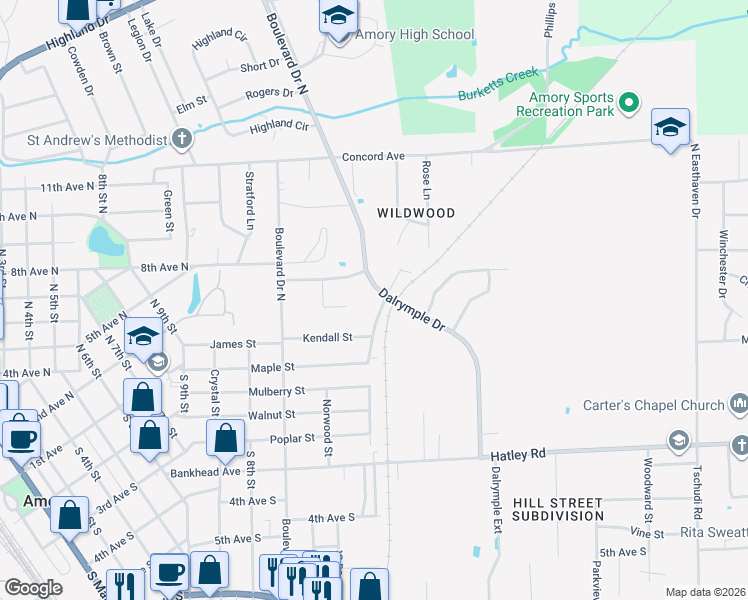 map of restaurants, bars, coffee shops, grocery stores, and more near 803 Dalrymple Drive in Amory