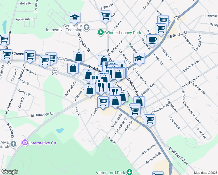 map of restaurants, bars, coffee shops, grocery stores, and more near 33 Laura Street in Winder