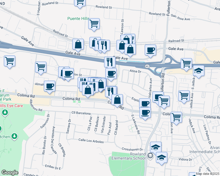 map of restaurants, bars, coffee shops, grocery stores, and more near 1600 Stoner Creek Road in City of Industry