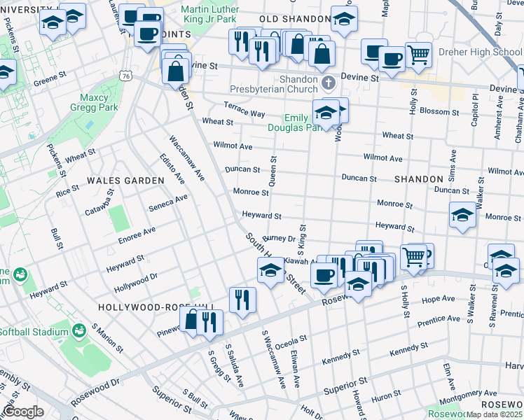 map of restaurants, bars, coffee shops, grocery stores, and more near 2433 Heyward Street in Columbia