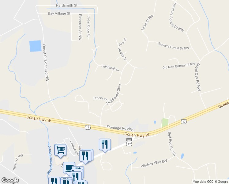 map of restaurants, bars, coffee shops, grocery stores, and more near 425 Highlands Glen Drive in Shallotte