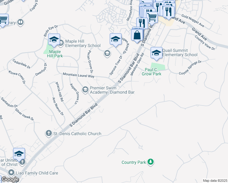 map of restaurants, bars, coffee shops, grocery stores, and more near 1727 Silver Rain Drive in Diamond Bar