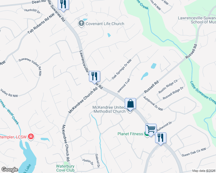 map of restaurants, bars, coffee shops, grocery stores, and more near 1685 Lawrenceville-Suwanee Road in Lawrenceville