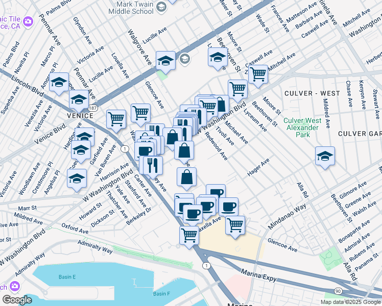 map of restaurants, bars, coffee shops, grocery stores, and more near 13352 Beach Avenue in Marina del Rey