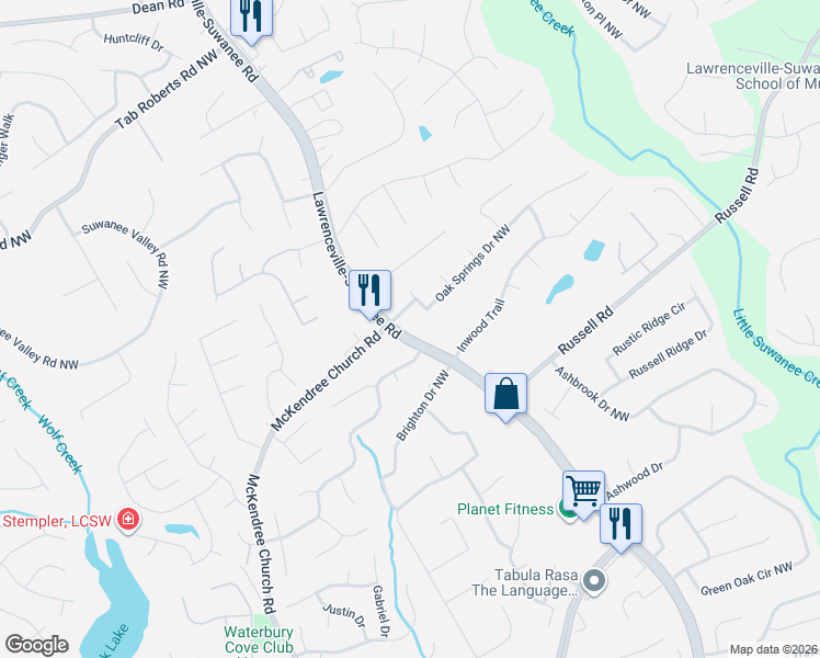 map of restaurants, bars, coffee shops, grocery stores, and more near 1685 Lawrenceville-Suwanee Road in Lawrenceville
