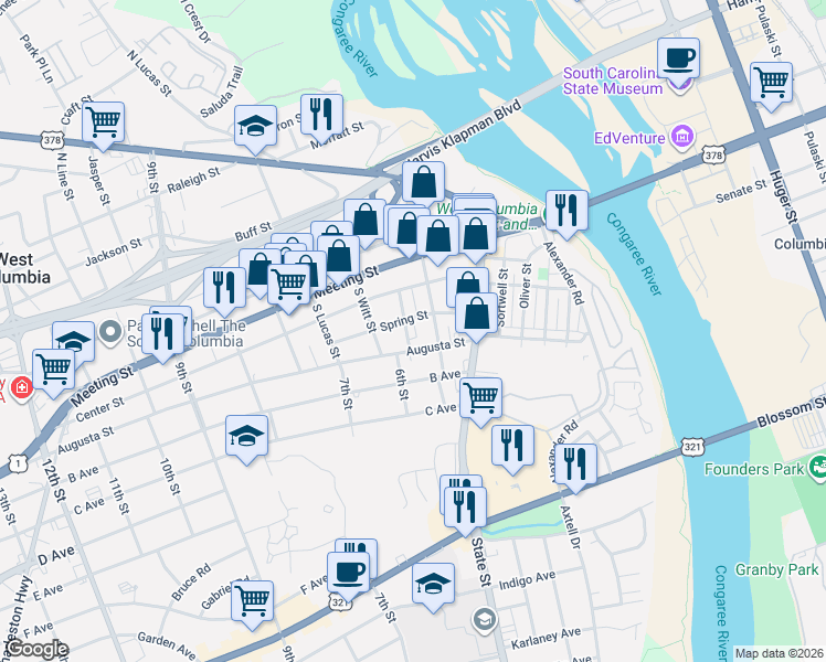 map of restaurants, bars, coffee shops, grocery stores, and more near 312 Saint Anns Alley in West Columbia