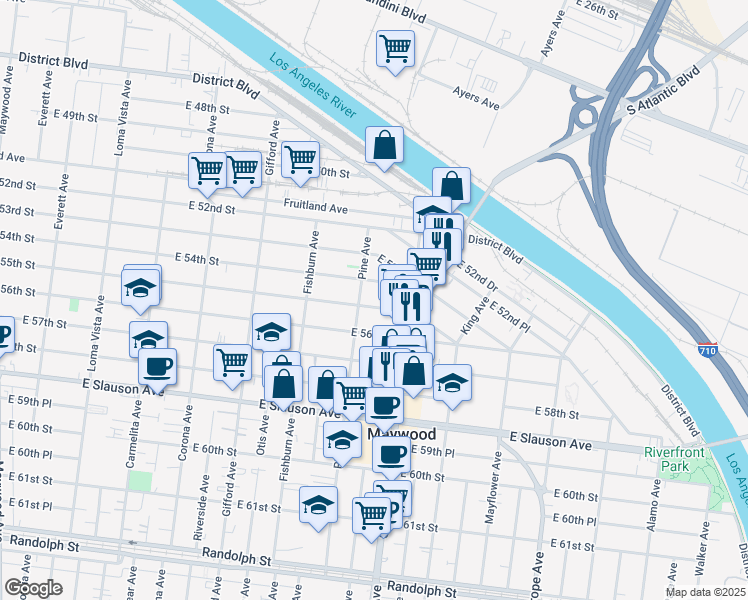 map of restaurants, bars, coffee shops, grocery stores, and more near 4411 E 55th St in Maywood