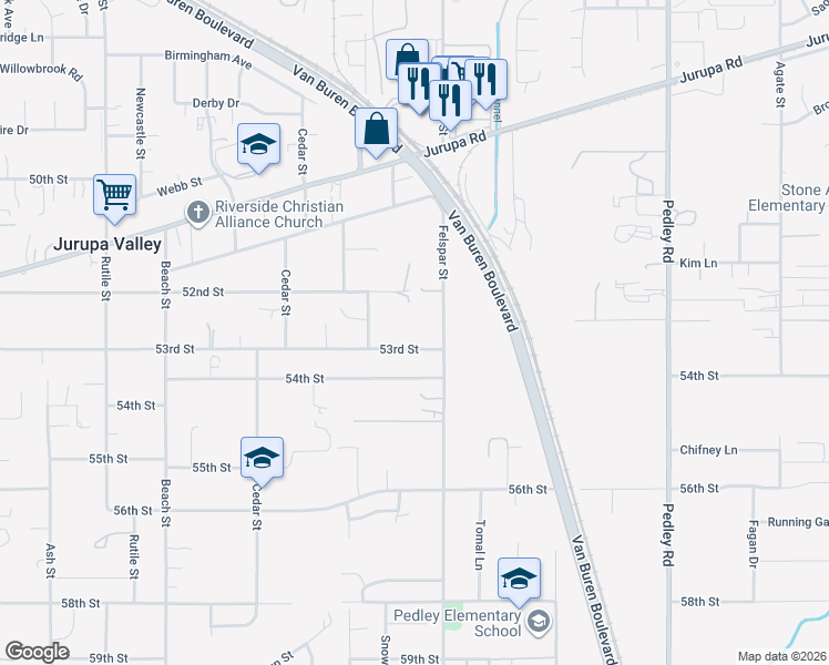 map of restaurants, bars, coffee shops, grocery stores, and more near 9283 53rd Street in Riverside