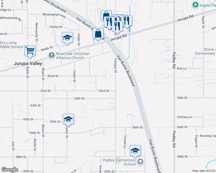 map of restaurants, bars, coffee shops, grocery stores, and more near 9237 53rd Street in Riverside