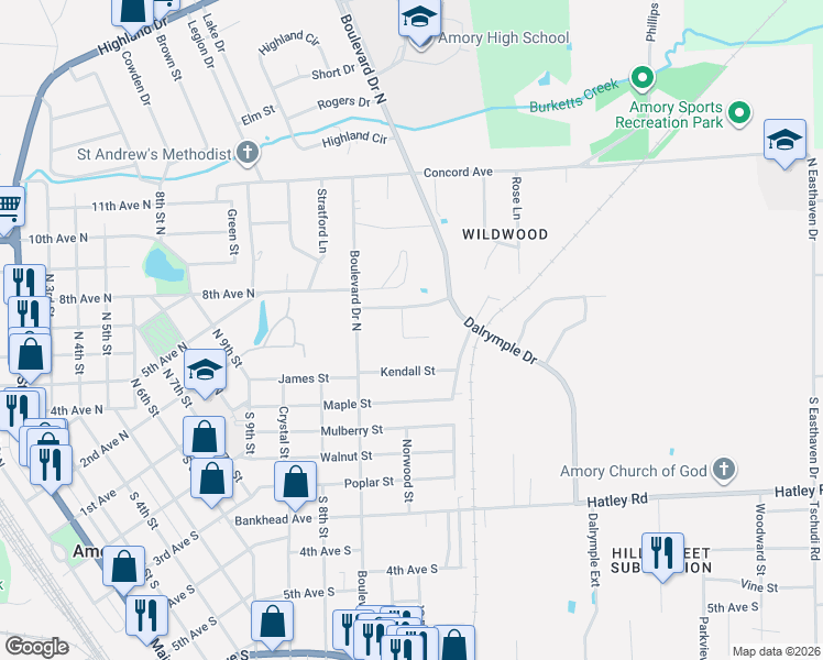 map of restaurants, bars, coffee shops, grocery stores, and more near 9 Annabelle Cove in Amory