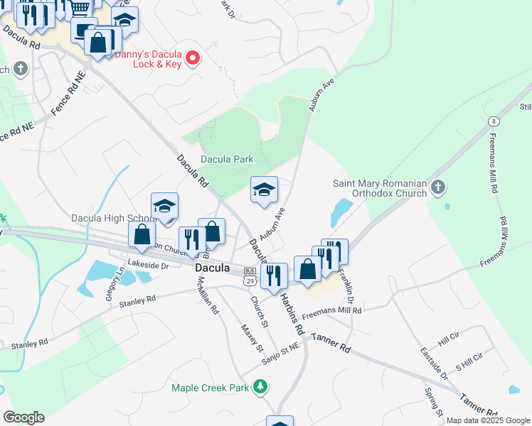map of restaurants, bars, coffee shops, grocery stores, and more near 137 Dacula Road in Dacula