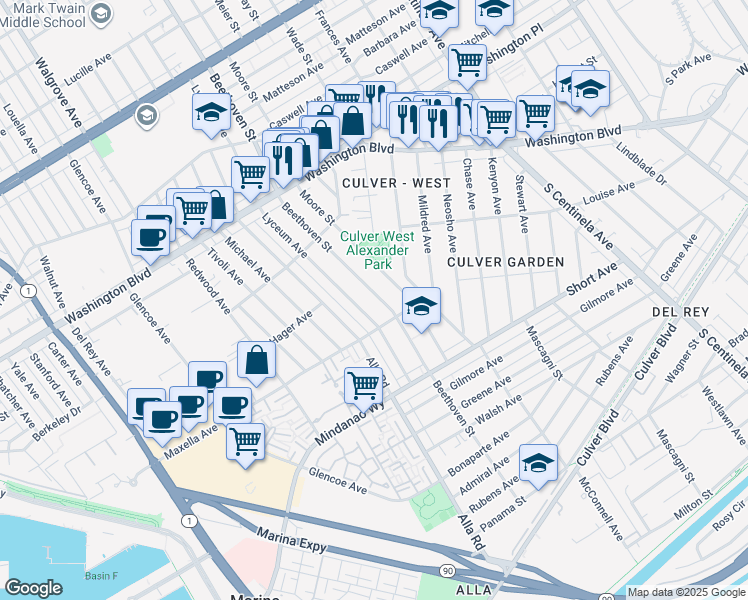 map of restaurants, bars, coffee shops, grocery stores, and more near 4245 Beethoven Street in Los Angeles