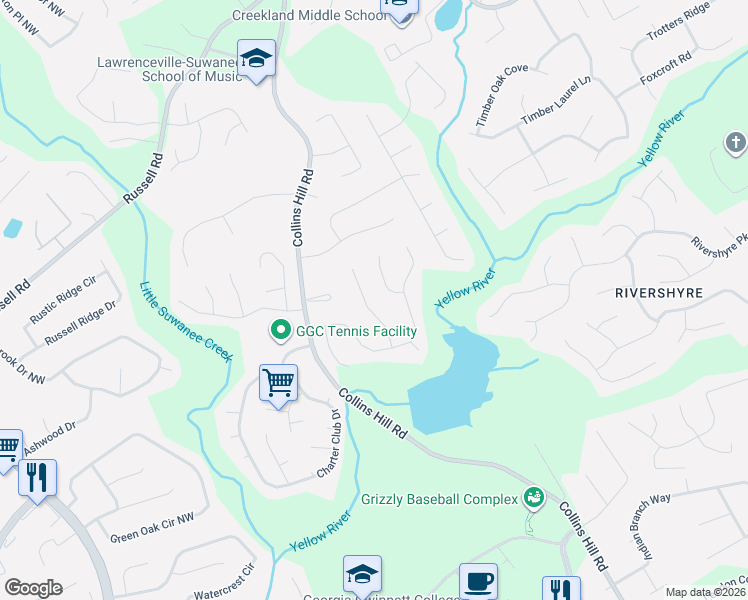 map of restaurants, bars, coffee shops, grocery stores, and more near 1381 Blackland Trail in Lawrenceville
