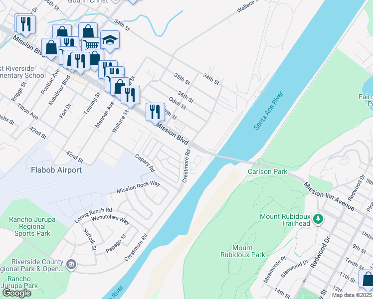 map of restaurants, bars, coffee shops, grocery stores, and more near 5256 Mission Boulevard in Riverside