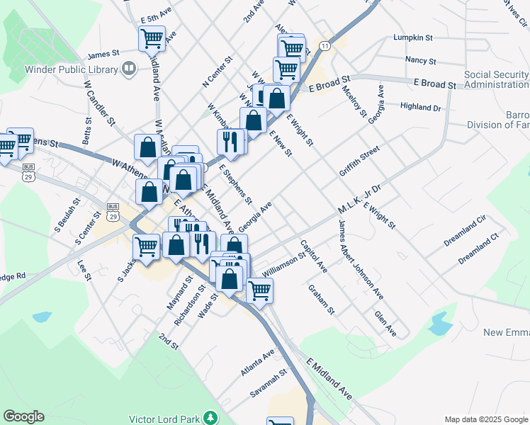map of restaurants, bars, coffee shops, grocery stores, and more near 68 East Stephens Street in Winder