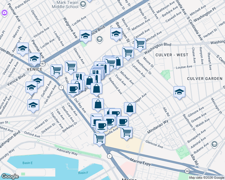 map of restaurants, bars, coffee shops, grocery stores, and more near 4055 Redwood Avenue in Marina del Rey