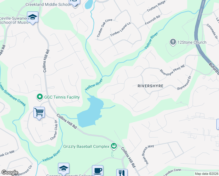 map of restaurants, bars, coffee shops, grocery stores, and more near 85 Rivershyre Circle in Lawrenceville