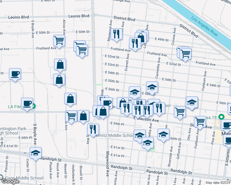 map of restaurants, bars, coffee shops, grocery stores, and more near 3554 E 56th St in Maywood