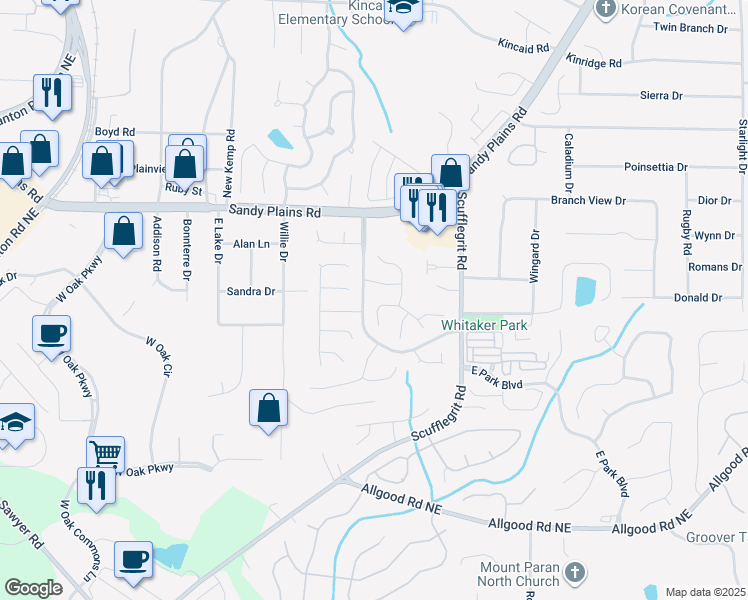 map of restaurants, bars, coffee shops, grocery stores, and more near 1475 Evanston Lane in Marietta