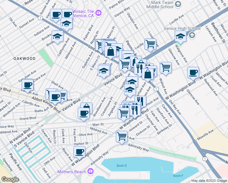 map of restaurants, bars, coffee shops, grocery stores, and more near 819 Crestmoore Place in Los Angeles