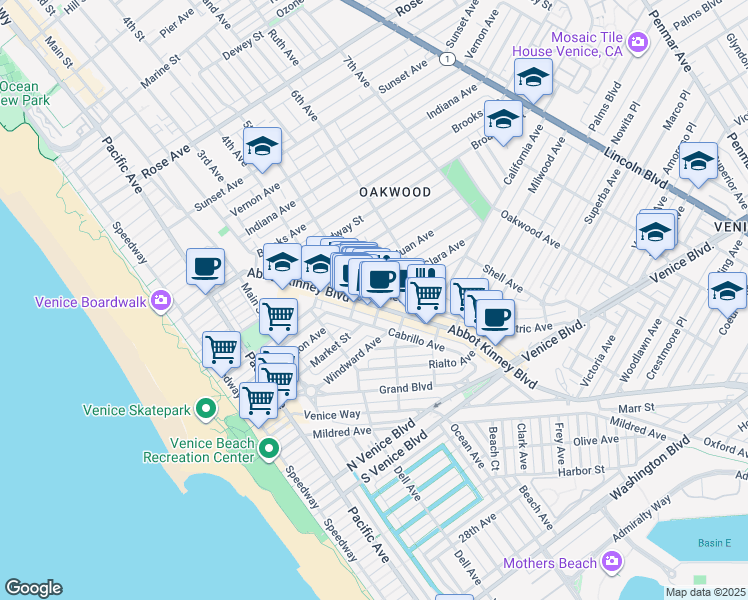 map of restaurants, bars, coffee shops, grocery stores, and more near 1239 Abbot Kinney Boulevard in Los Angeles