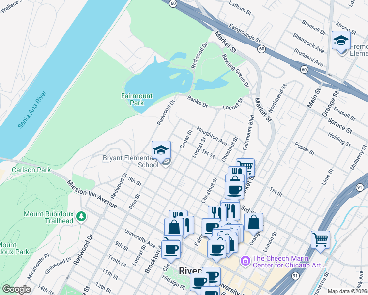 map of restaurants, bars, coffee shops, grocery stores, and more near 4262 1st Street in Riverside