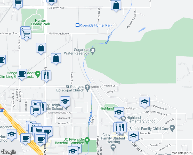 map of restaurants, bars, coffee shops, grocery stores, and more near 2250 Quartz Place in Riverside