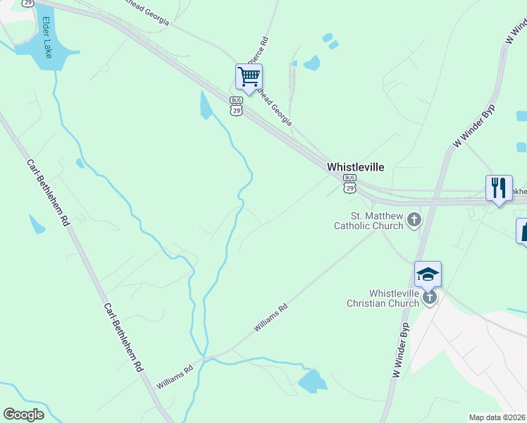 map of restaurants, bars, coffee shops, grocery stores, and more near 17 Quail Court in Winder