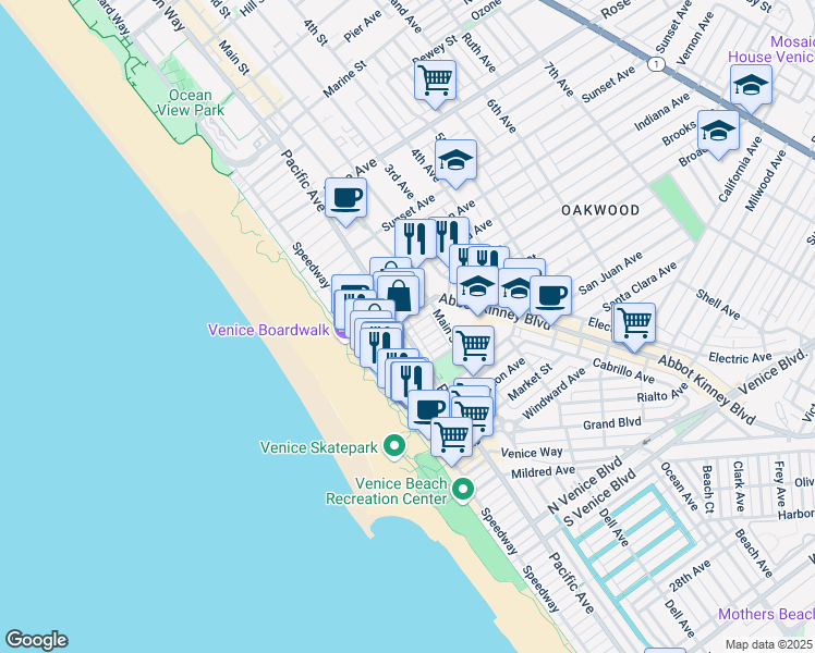 map of restaurants, bars, coffee shops, grocery stores, and more near 115 Breeze Avenue in Los Angeles