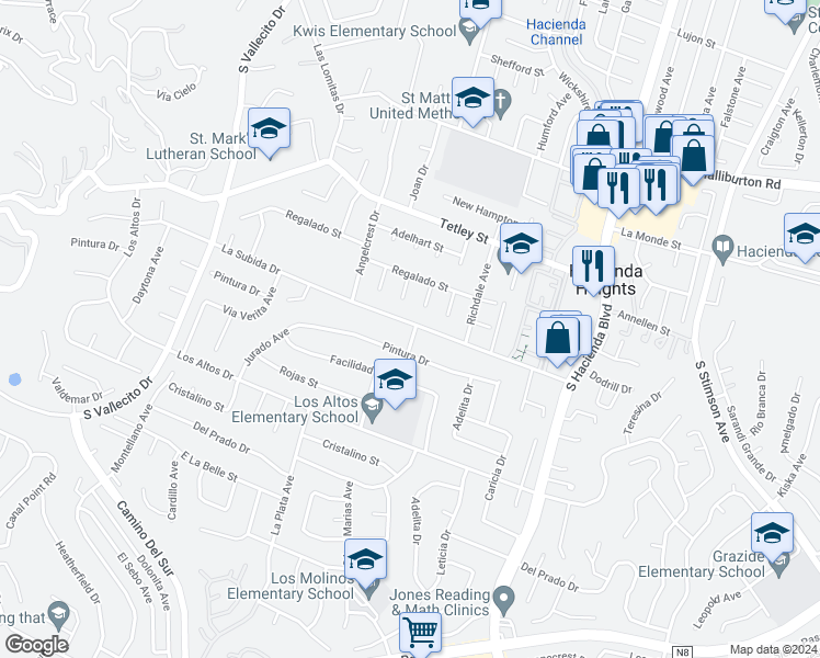 map of restaurants, bars, coffee shops, grocery stores, and more near 15590 La Subida Drive in Hacienda Heights