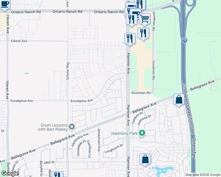 map of restaurants, bars, coffee shops, grocery stores, and more near 4183 East Sonrisa Privado in Ontario