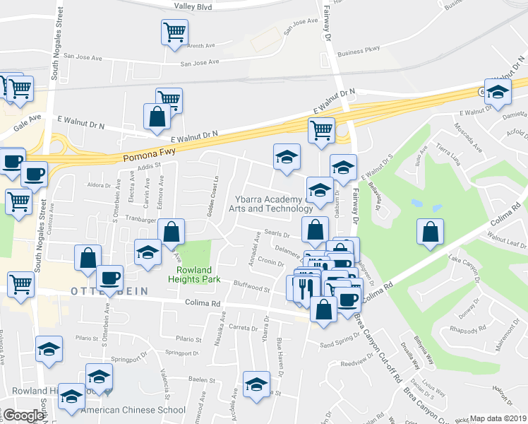 map of restaurants, bars, coffee shops, grocery stores, and more near 19545 Newgarden Street in Rowland Heights