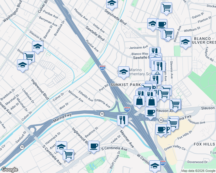map of restaurants, bars, coffee shops, grocery stores, and more near 11550 Port Rd in Culver City
