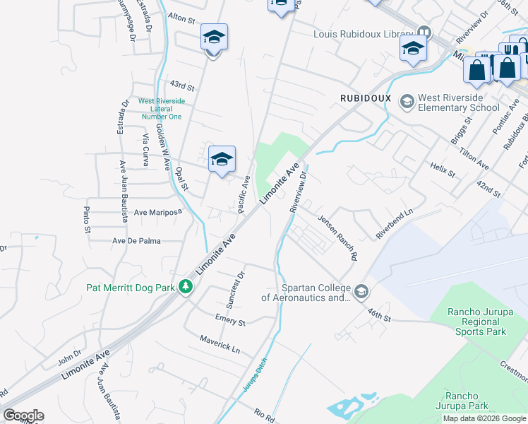 map of restaurants, bars, coffee shops, grocery stores, and more near 6021 Limonite Avenue in Riverside