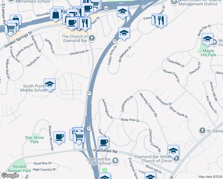 map of restaurants, bars, coffee shops, grocery stores, and more near 1700 Fern Hollow Drive in Diamond Bar