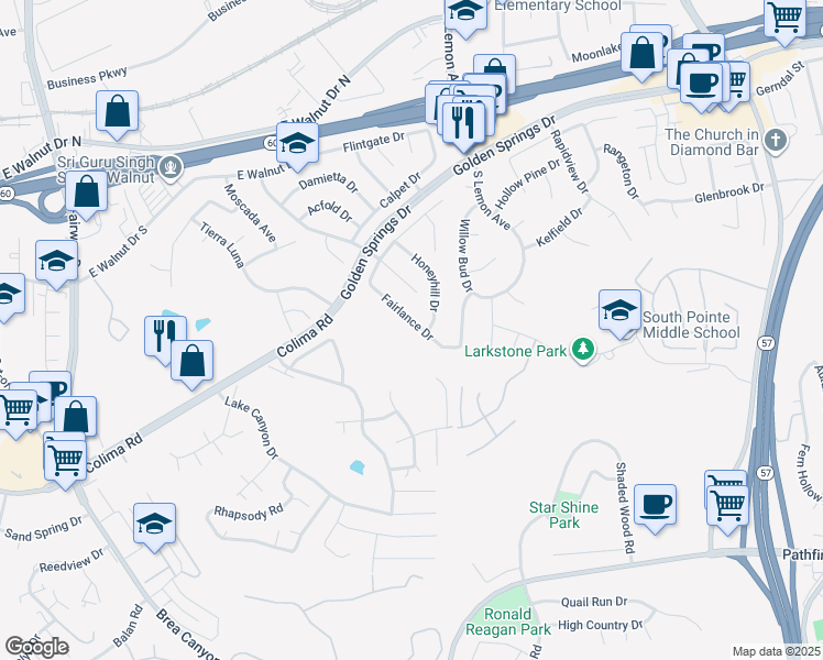 map of restaurants, bars, coffee shops, grocery stores, and more near 1427 Fairlance Drive in Walnut