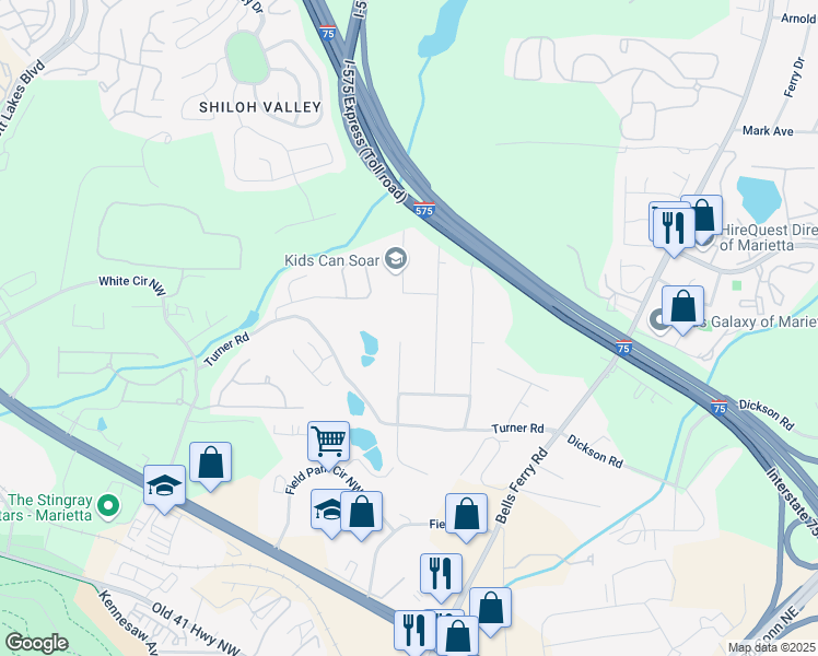 map of restaurants, bars, coffee shops, grocery stores, and more near 1630 Sheridan Drive in Marietta